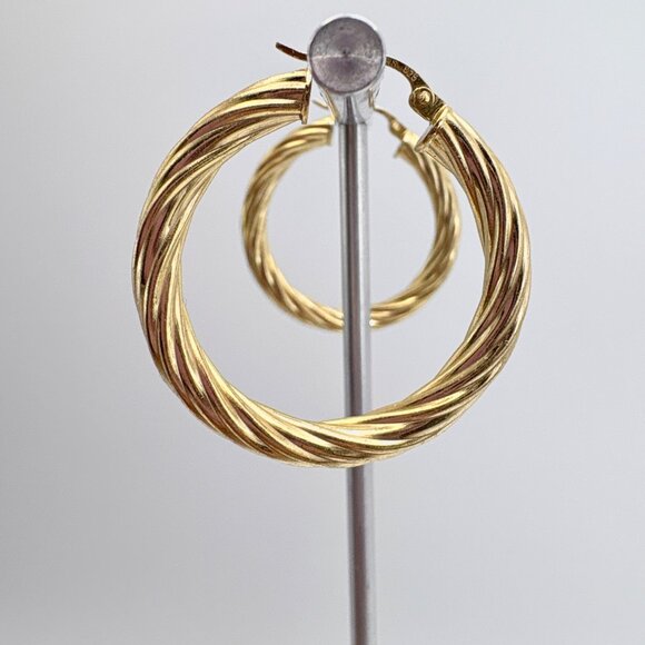 Gold Over Sterling Silver 925 Twist Hoop Earrings Hinged Posts 1.25" Diameter - Picture 3 of 9
